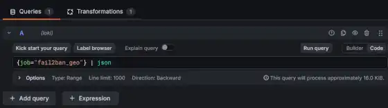 Queries、右にTransformationsのタブ、右端にCode切替、カラフルな文字がクエリ